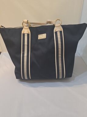 Michael Kors Navy Tote with Cream Striped Handles
